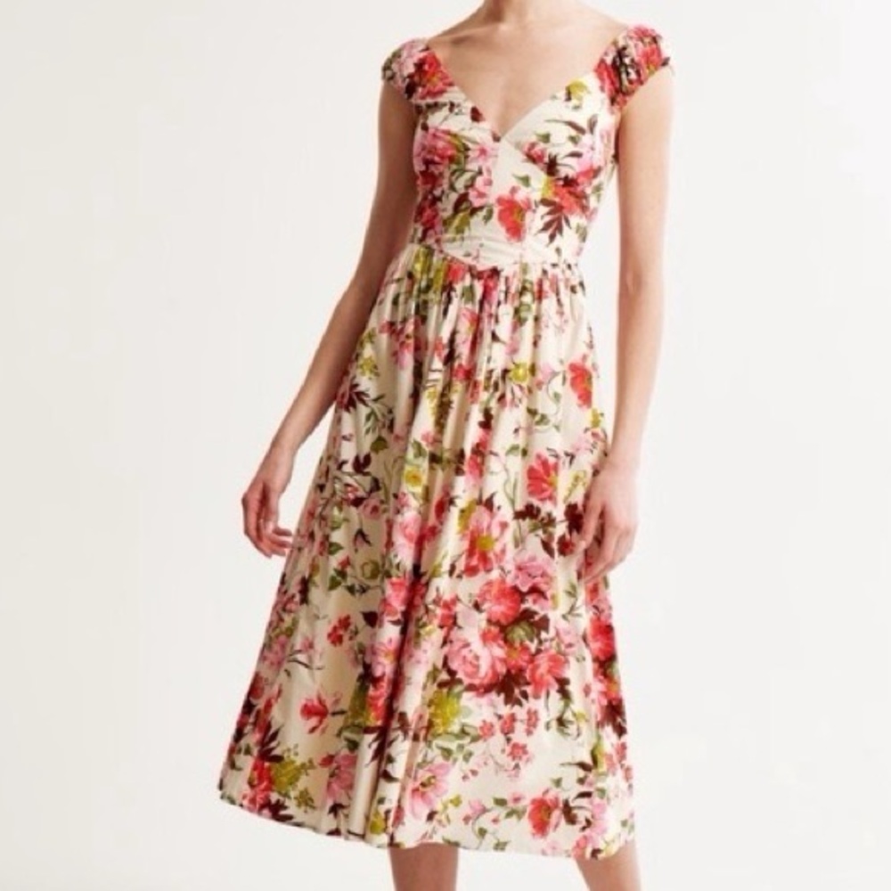 Abercrombie & Fitch Floral Midi Dress in Cream, Pink, Green